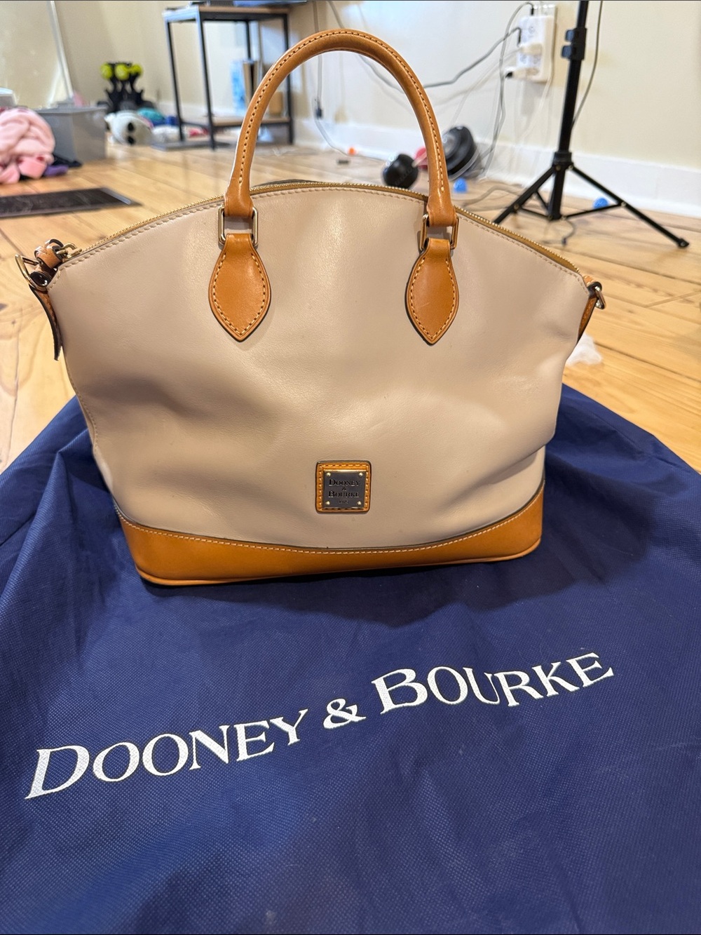 Dooney & Bourke Beige Leather Satchel with Tan Trim